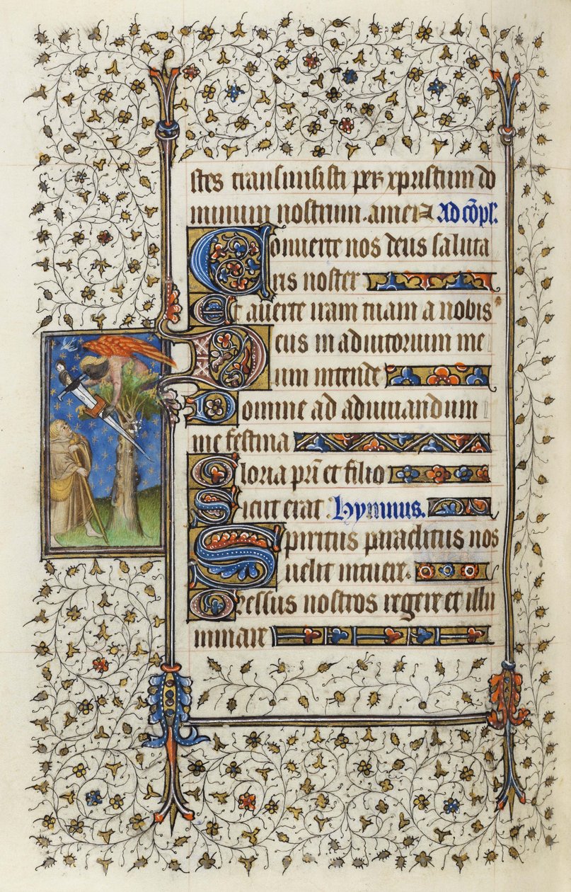 Ms 62 f.132v Okřídlená postava v koruně stromu s knihou probodnutou mečem, z „Hodin Ducha svatého“ od Guillauma de Deguilleville z roku 1350, 1417 (inkoust a list zlata na pergamenu) od Master of the Rohan Hours