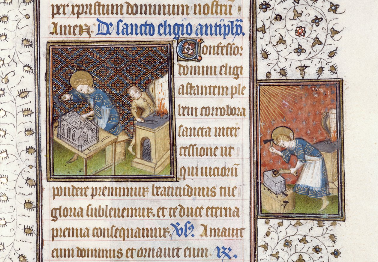 Ms 62 f.215r Svatý Eligius dělá svatyni; svatý Eligius u kovadliny, z knihy hodin od Master of the Rohan Hours