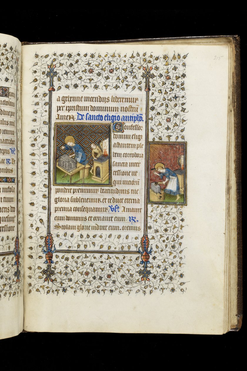 Ms 62 f.215r St. Eligius dělá svatyni; St. Eligius na kovadlině, z knihy hodin, c.1445-50 (vellum) od Master of the Rohan Hours