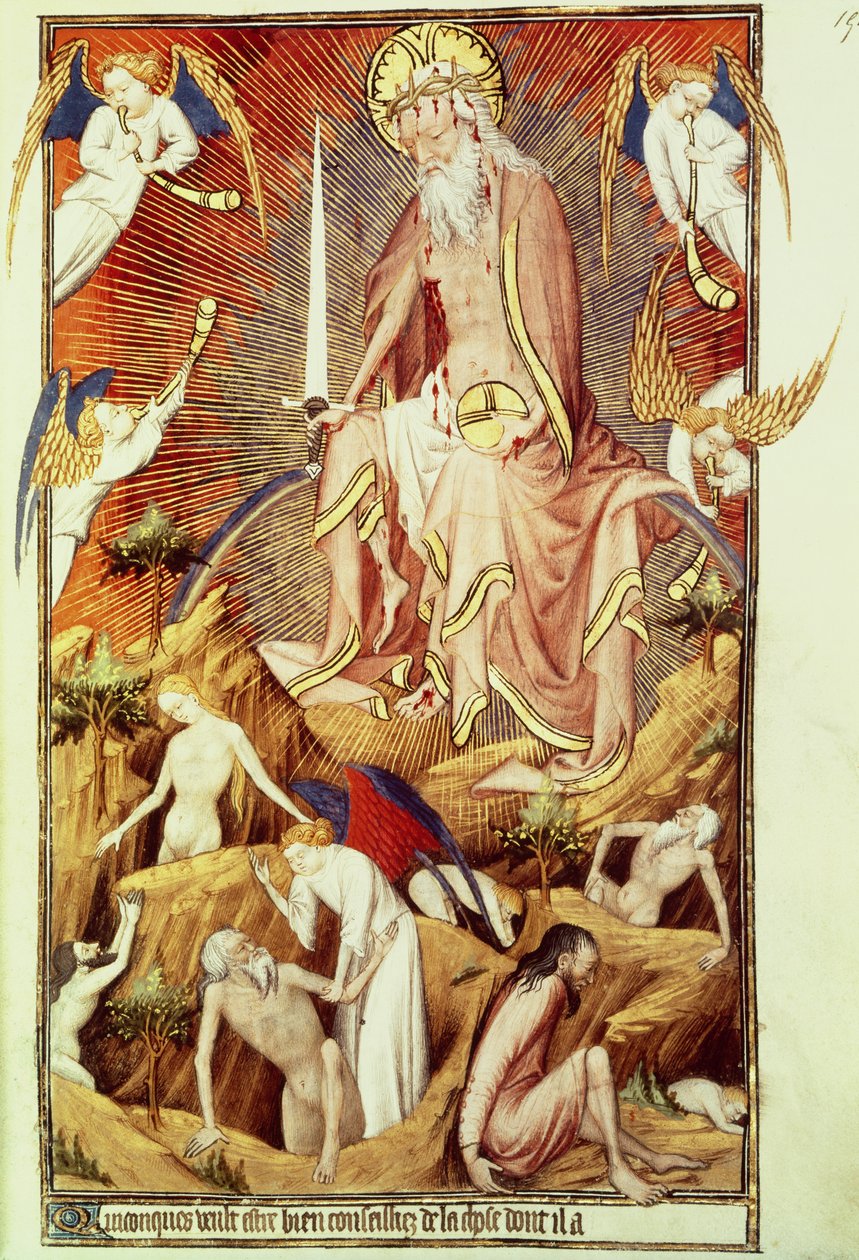 Paní Lat. 9471 f.194 Poslední soud, z Grandes Heures de Rohan, asi 1418-25 (viz také 121172) od Master of the Rohan Hours