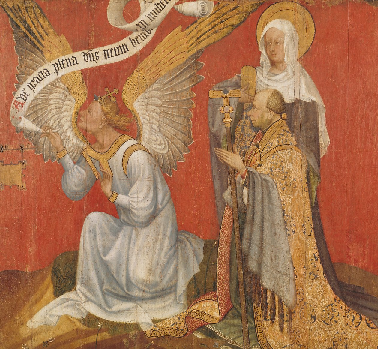 Panel z diptychu zobrazujícího anděla zvěstování, donátora a světice, možná sv. Máří Magdalenu, kolem roku 1420 od Master of the Rohan Hours