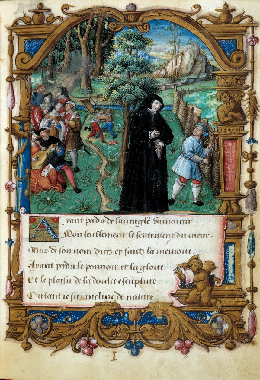 Reprezentace královny Navarry Margarity z Angoulemy (1492-1549), scéna zdvořilé lásky. Stránka převzata z rukopisu „La coche ou Debat d