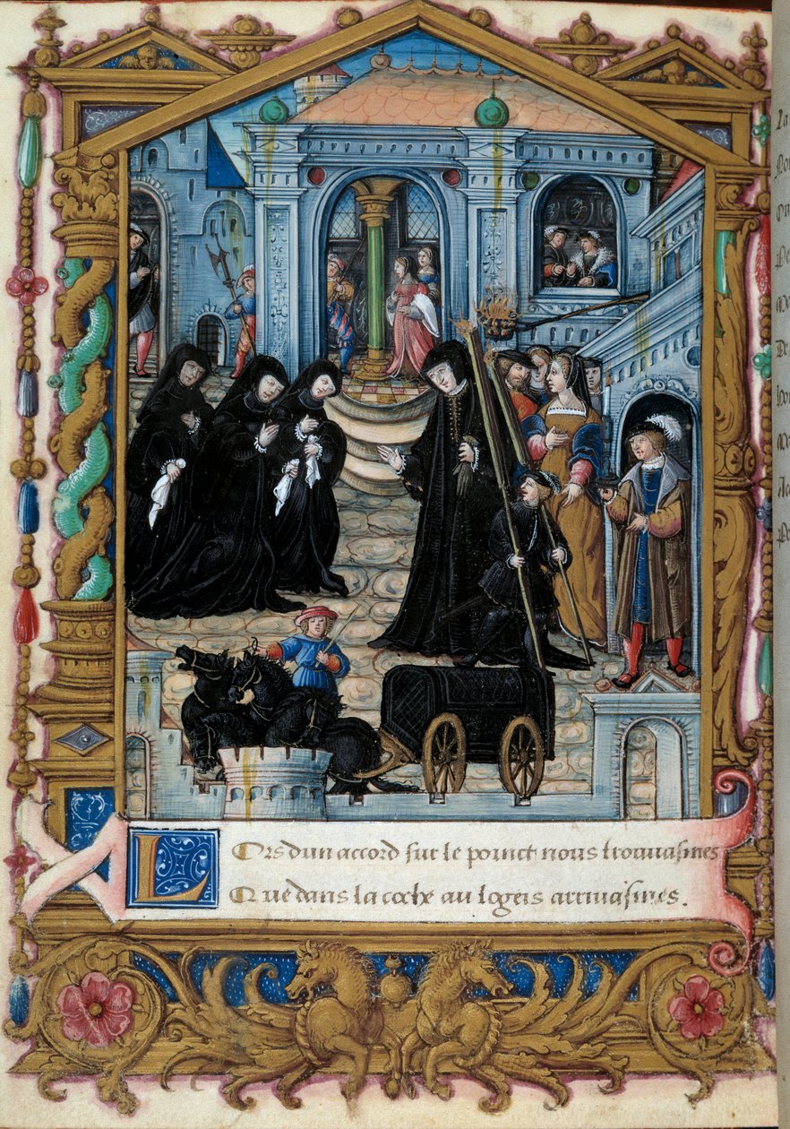 Zastoupení královny Navarry Margarity z Angoulemy (1492-1549) obklopené svými společníky. Stránka převzata z rukopisu „La coche ou Debat d
