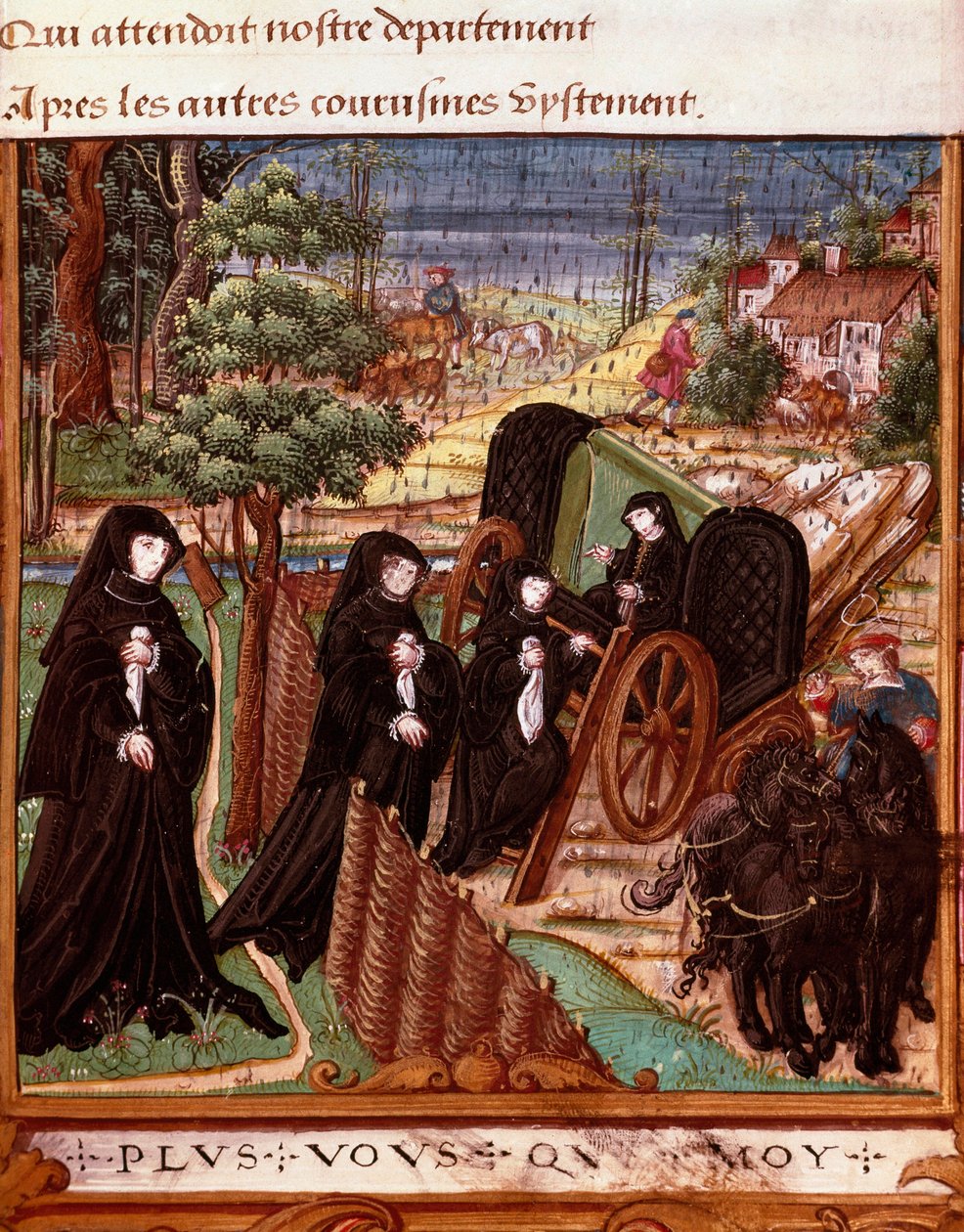 Reprezentace navarrské královny Margarity z Angoulemy (1492-1549) obklopené jejími společnicemi, které jdou na procházku do kočáru““ Stránka převzata z rukopisu „“La coche ou Debat d