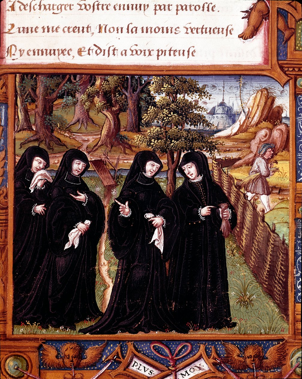 Reprezentace navarrské královny Margarity z Angoulemy (1492-1549) při rozhovoru se svými společníky Stránka převzata z rukopisu „“La coche ou Debat d