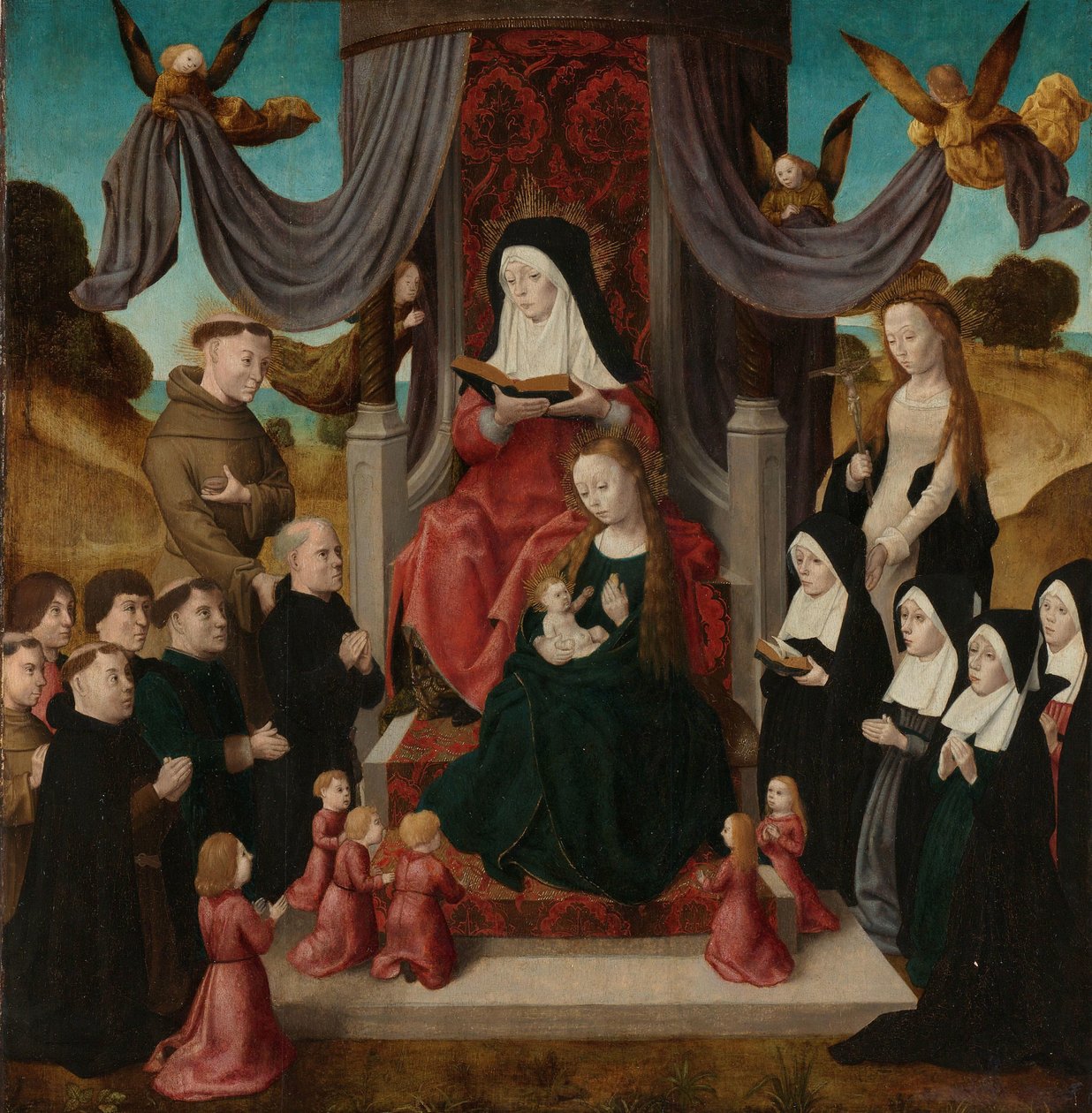 Panna a dítě se svatou Annou a svatými Františkem a Lidwinou, s dárci (Anna Selbdritt) od Master of the Saint John Panels