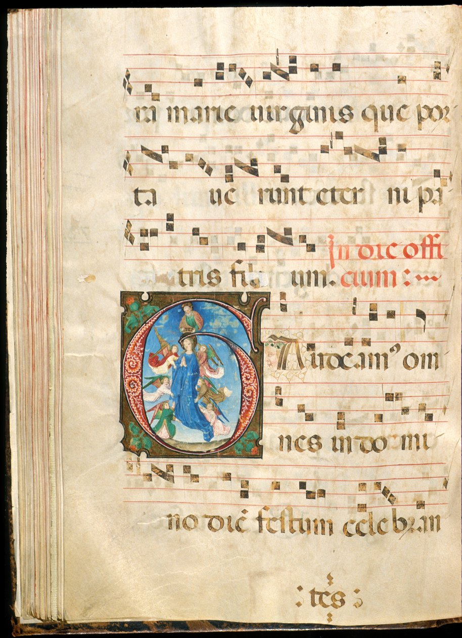 Nanebevzetí Panny Marie, f.72v z graduálu, konec 15. století (tuš, tempera a plátkové zlato na pergamenu) od Master of the Saluces Hours (attr. to)