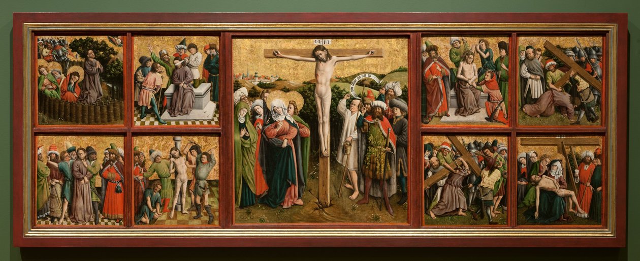 Oltářní obraz Umučení Krista, asi 40. léta 14. století (olej a zlato na dřevě) od Master of the Schlägl Altarpiece