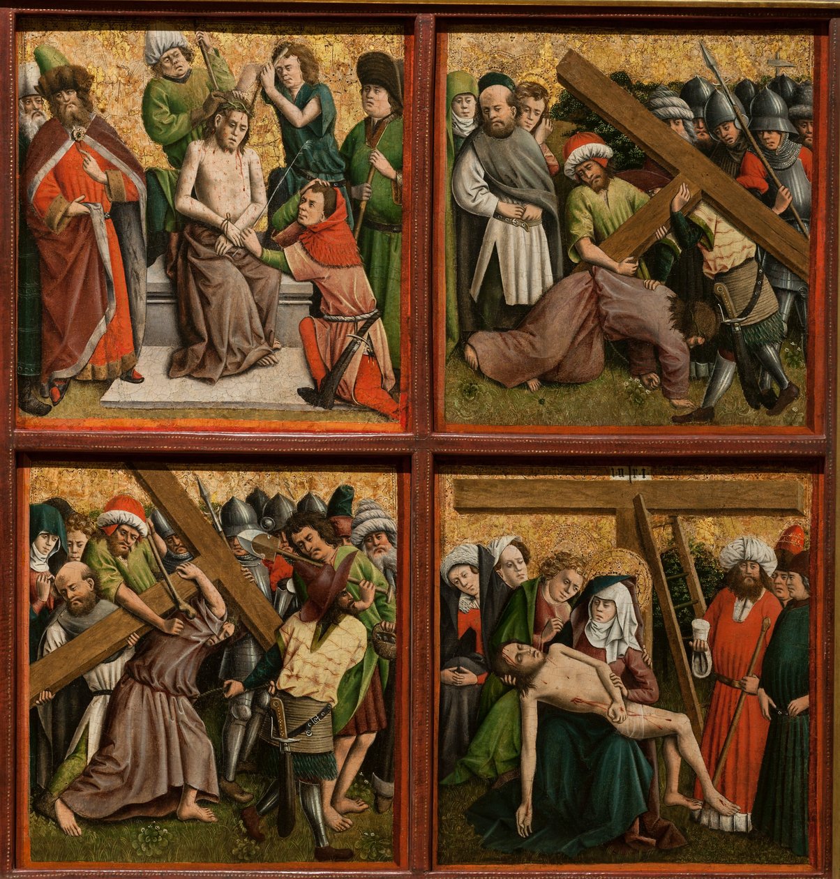 Oltářní obraz Umučení Krista, asi 40. léta 14. století (olej a zlato na dřevě) od Master of the Schlägl Altarpiece