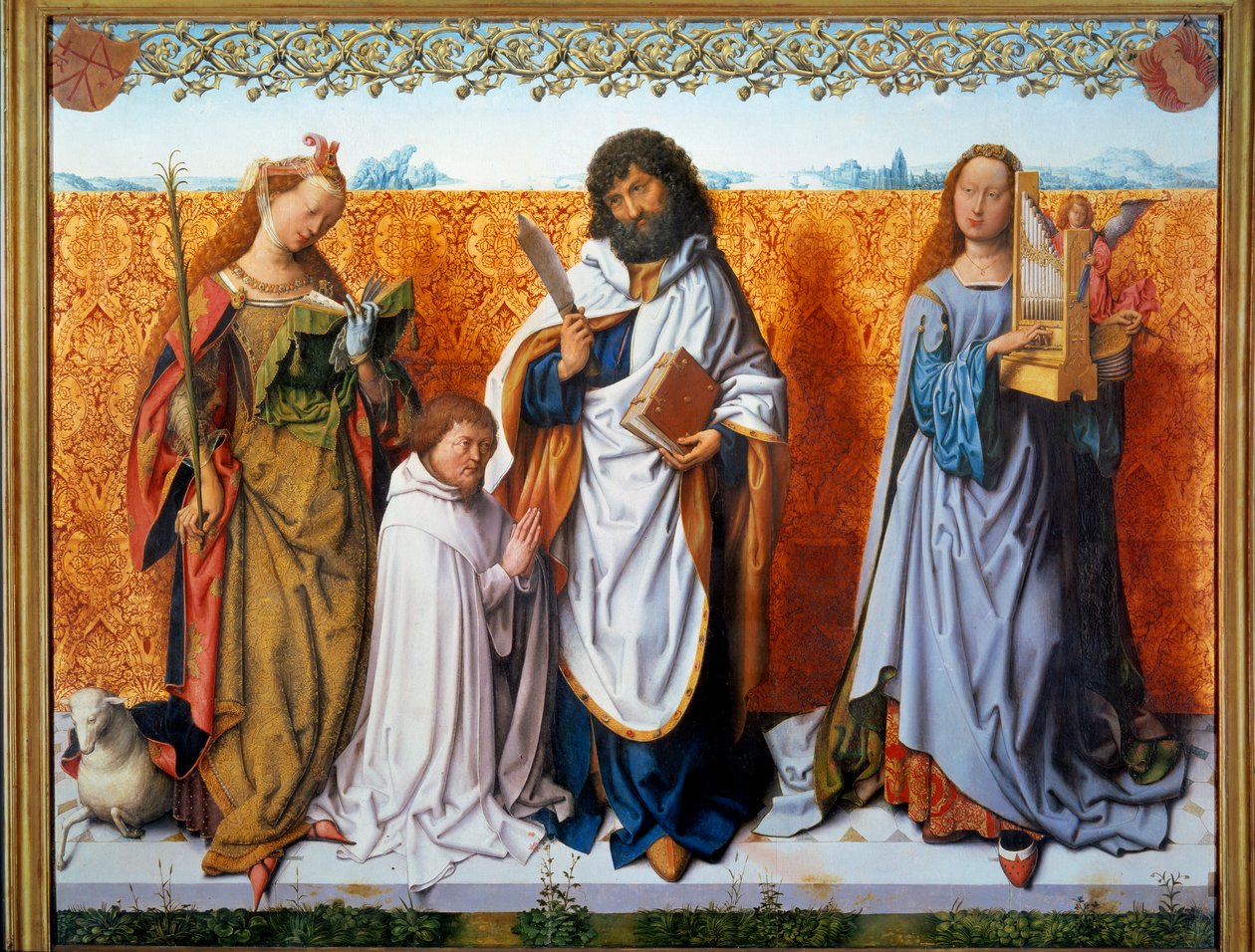 Centrální deska oltáře svatého Bartoloměje: Svatá Anežka, Bartoloměj a svatá Cecile s donátorem. Obraz Mistra sv. Bartoloměje (16. stol.) Ec. Všechno. od Master of the St. Bartholomew Altarpiece