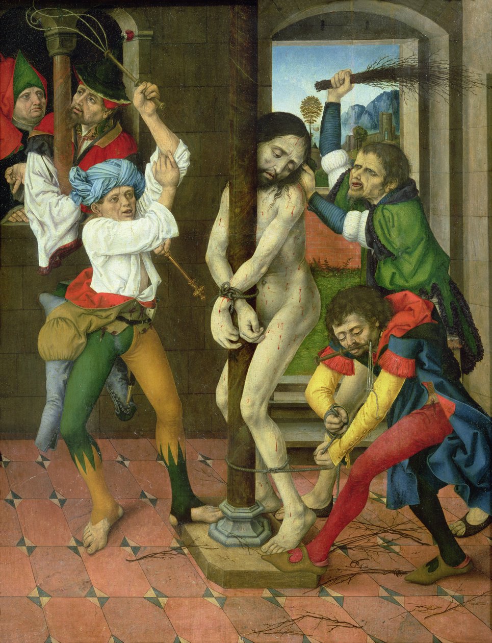 Bičování Krista, boční panel oltářního obrazu Umučení (olej na panelu) od Master of the Strache Altar