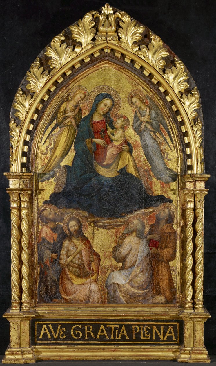 Panna a dítě s anděly a čtyřmi svatými, c. 1400-15 (tempera a plátkové zlato na panelu) od Master of the Straus Madonna