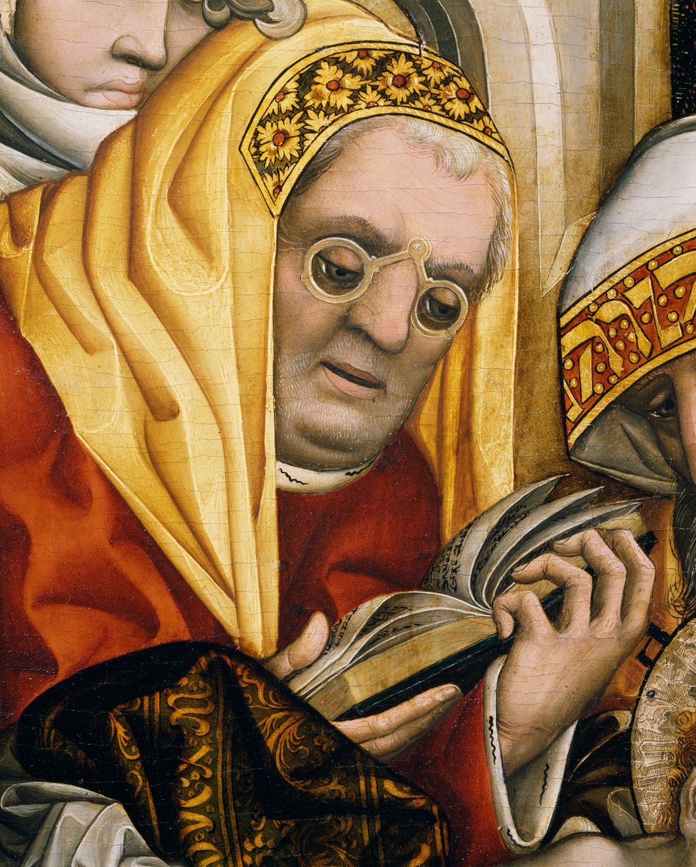 Kněz nosí brýle, detail z Obřízky Krista od Master of the Tucher Altarpiece