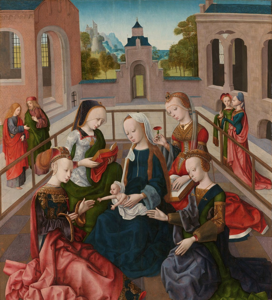 Panna a dítě se čtyřmi svatými pannami Maria se setkala s laskavými přáteli de heiligen Catharina, Cecilia, Barbara a Ursula od Master of the Virgo Inter Virgines