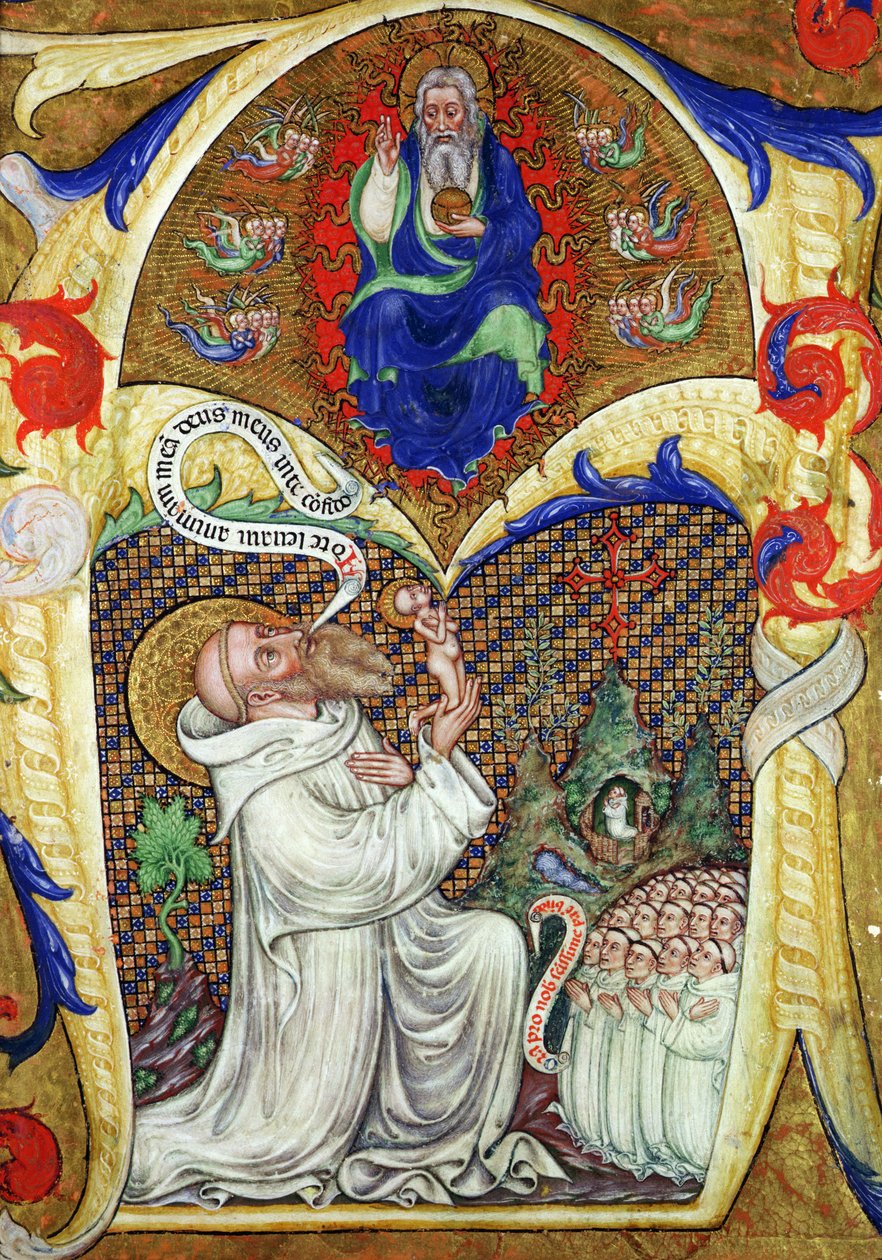 Historická iniciála „A“ zobrazující svatého Benedikta obětujícího svou duši Bohu Otci, lombardská škola od Master of the Vitae Imperatorum