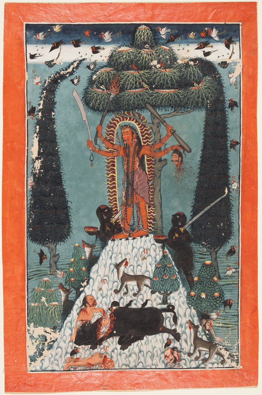 Bohyně Kali stojící na vrcholu hory, c. 1730. od Master of the court of Mandi