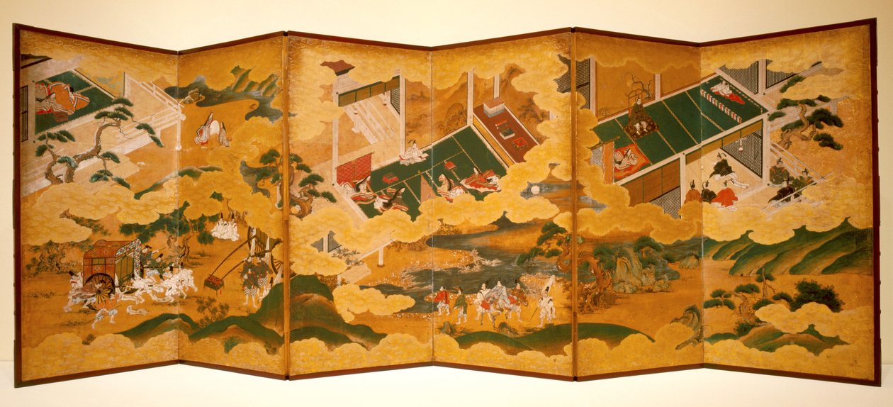 Tales Of Genji, cca 1650 (inkoust, barva a list zlata na papíře, šestinásobná obrazovka) od Matabei Iwasa