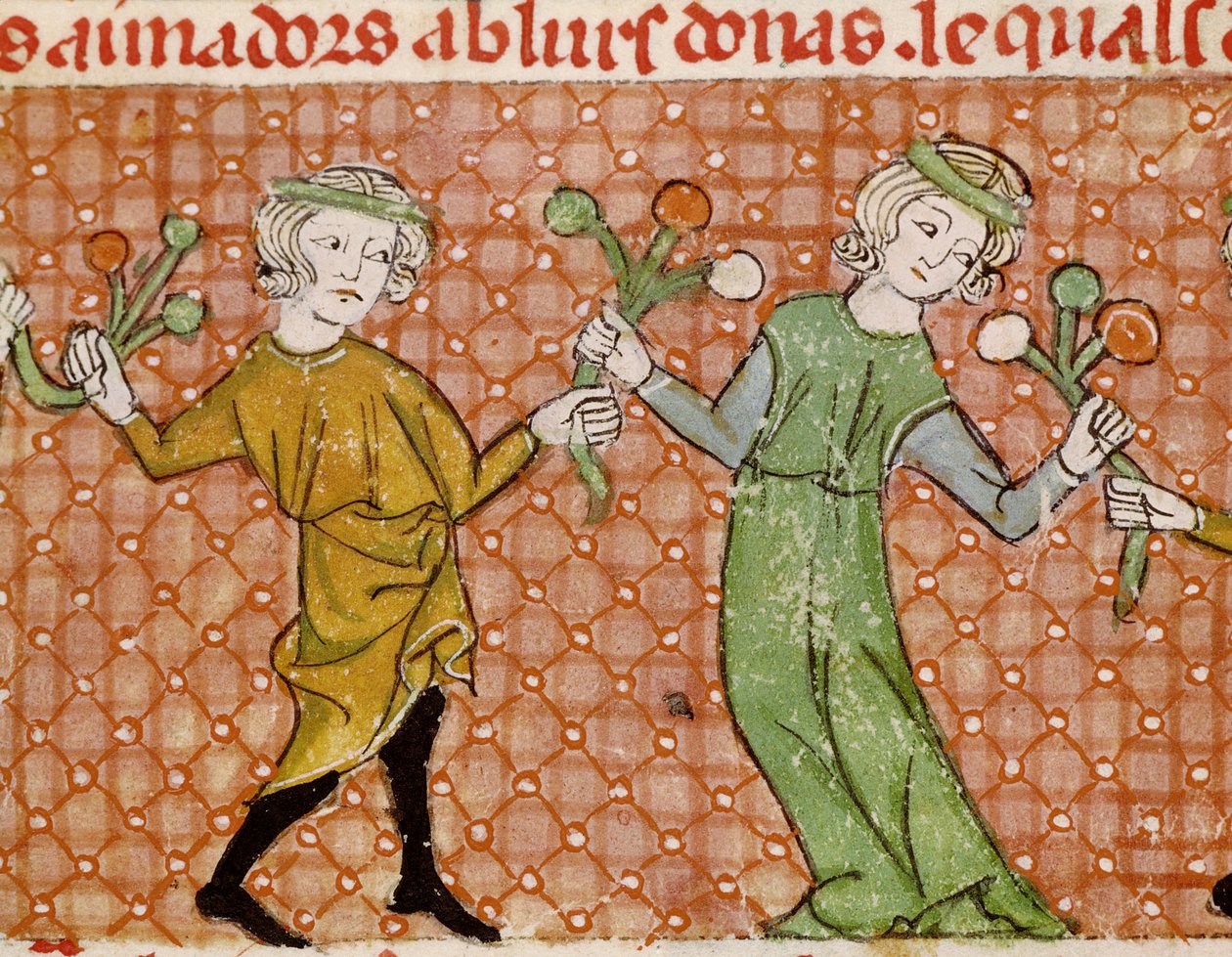 Fol.215v Pokušení: Taneční pár od Matfre Ermengaut