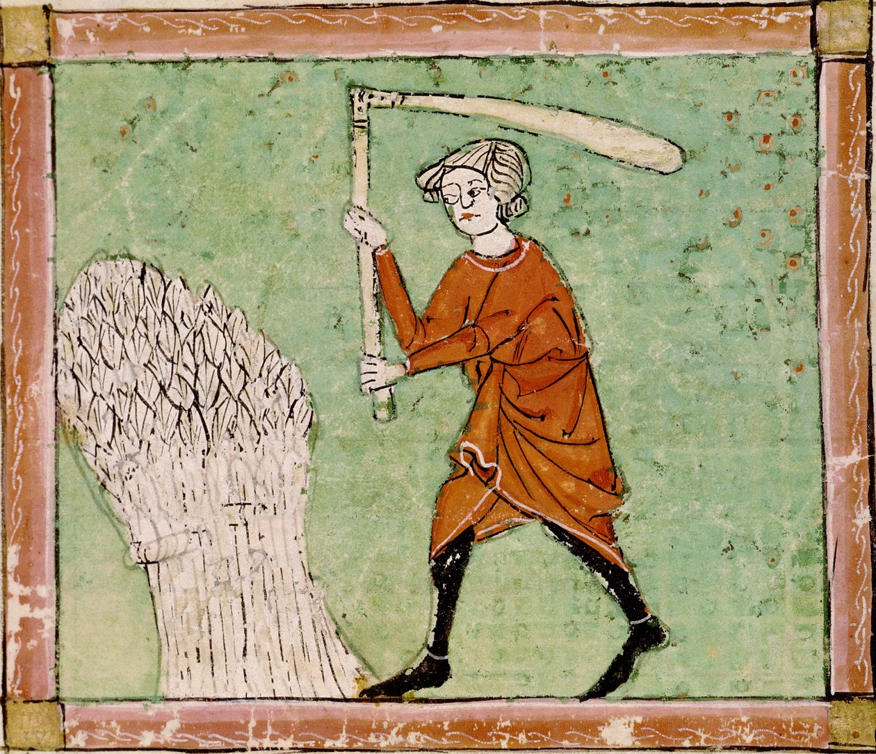 Fol.59r Srpen: Mlácení pšenice od Matfre Ermengaut