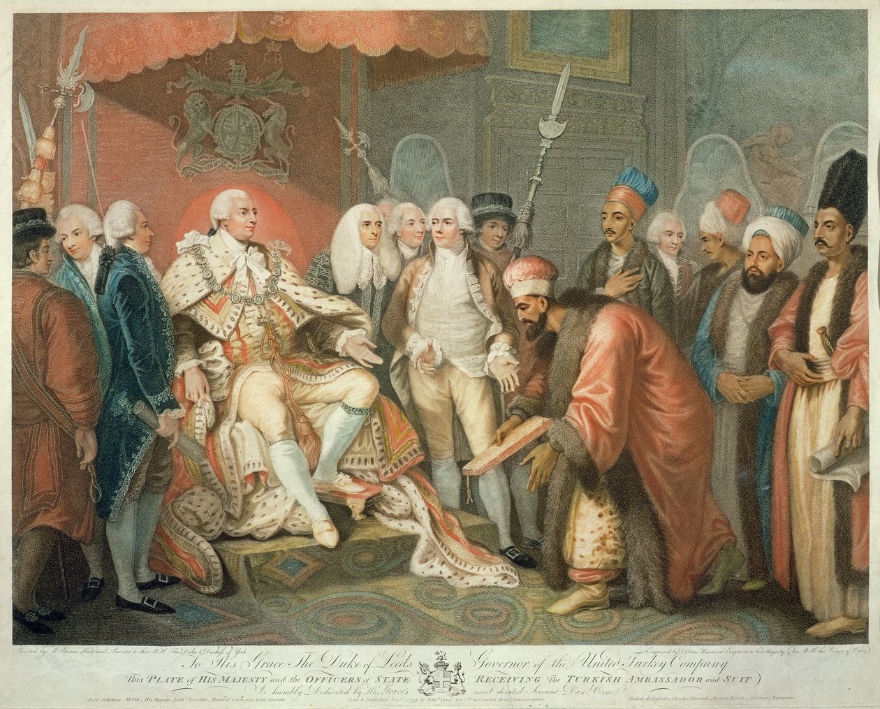 Jeho Veličenstvo a státní důstojníci přijímající tureckého velvyslance a oblek, ryl Daniel Orme (1767-s.1832), pub. Edward Orme, 1797 (tehovaná rytina) od Mather Brown