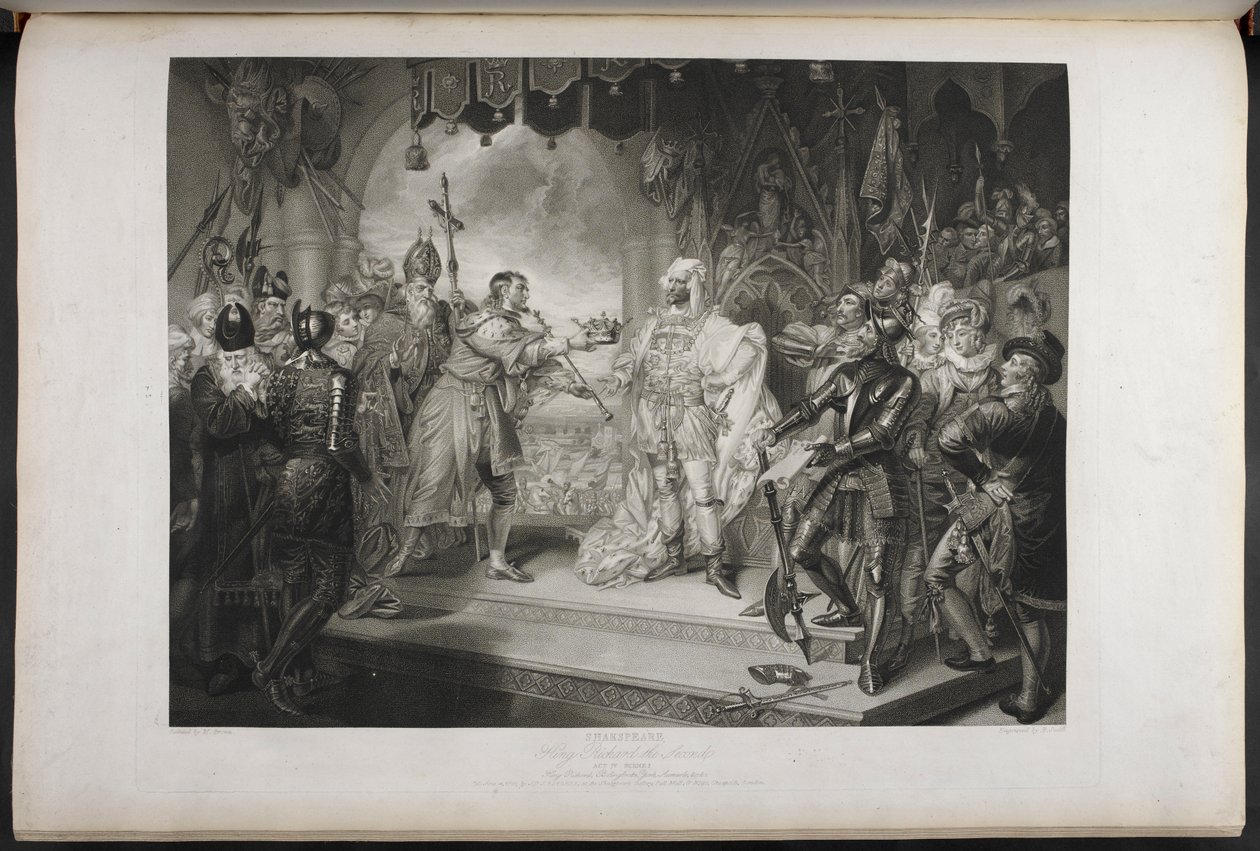 Král Richard II. dějství IV. Scéna I. King Richard, Bolingbroke, York, Aumerle atd. V budově parlamentu, kolem roku 1803 (rytina) od Mather Brown