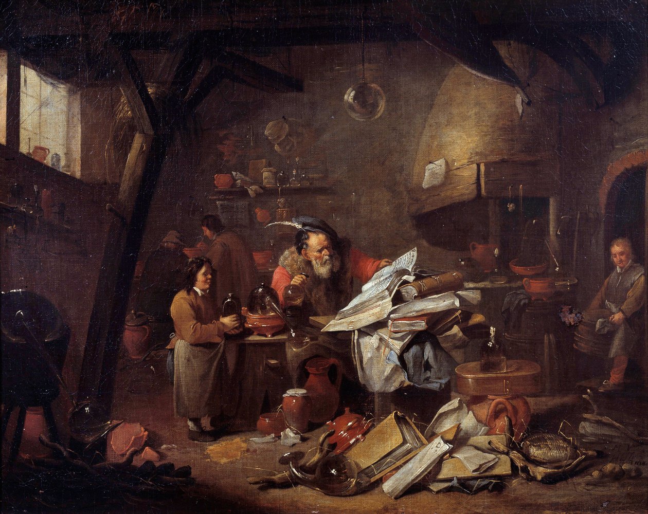 Interiér laboratoře alchymisty Obraz Matheuse van Helmonta (1623-1679) Montpellier musee Fabre ze 17. století od Matheus van Helmont