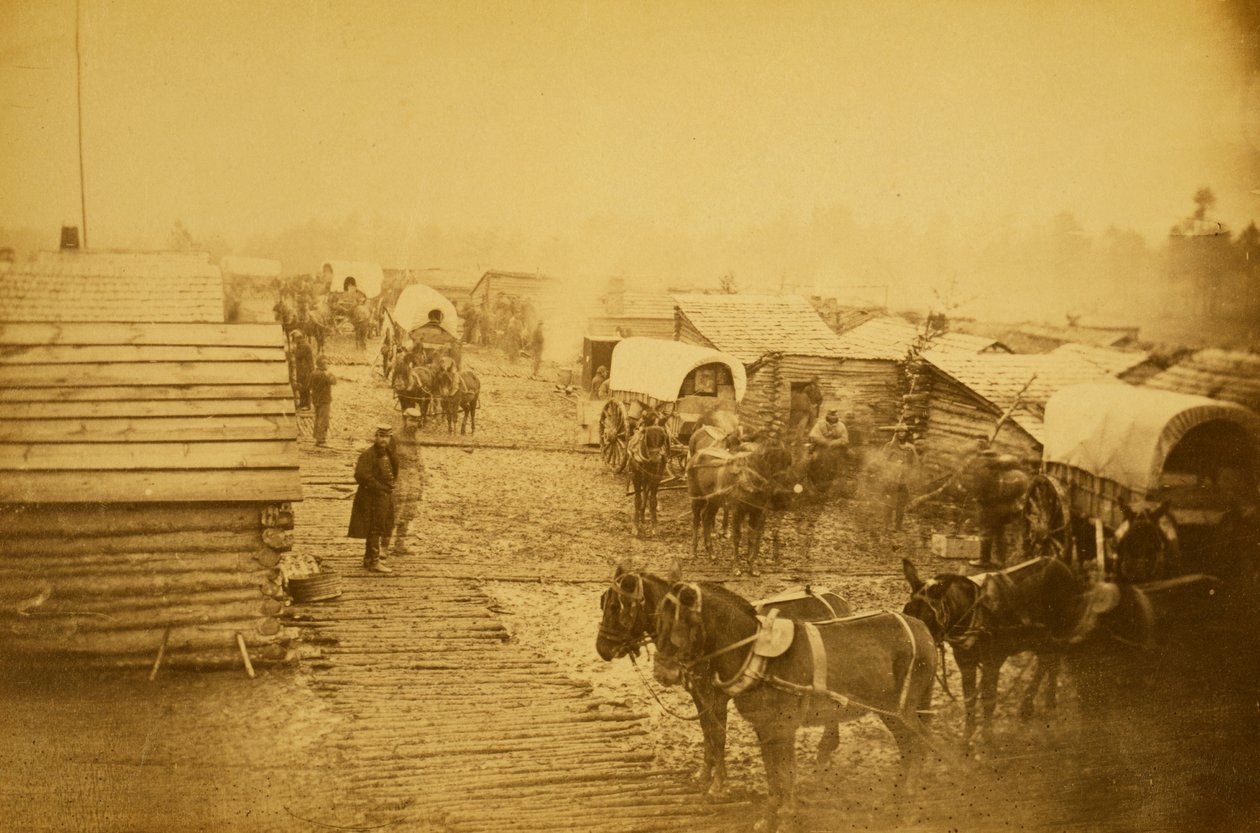 Tábor unijních sil v Centreville, Virginie, zima 1861 a 1862 (sépiová fotografie) od Mathew B. Brady