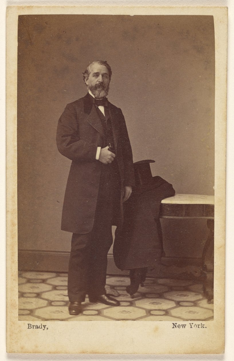 [Neznámý vousatý muž stojí, na stole vedle něj leží cylindr a kabát] od Mathew B. Brady