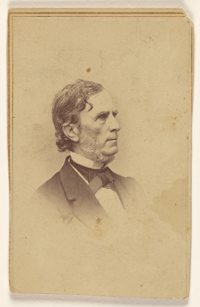 Neidentifikovaný muž s šedivějícím plnovousem, bez kníru, z profilu, vytištěný ve stylu viněty od Mathew B. Brady