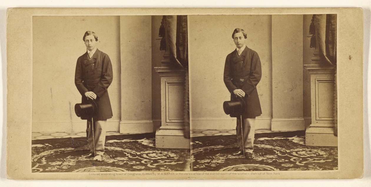 [Neidentifikovaný mladý muž stojící s cylindrem a vycházkovou holí] od Mathew B. Brady