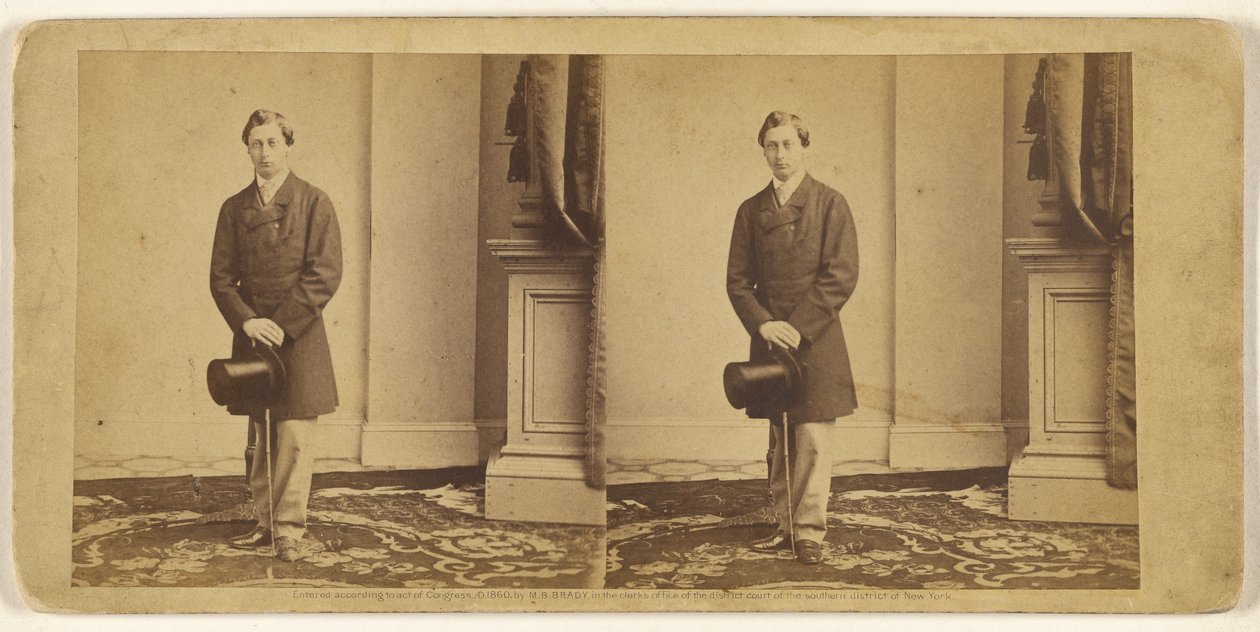 [Neidentifikovaný mladý muž stojící s cylindrem a vycházkovou holí] od Mathew B. Brady