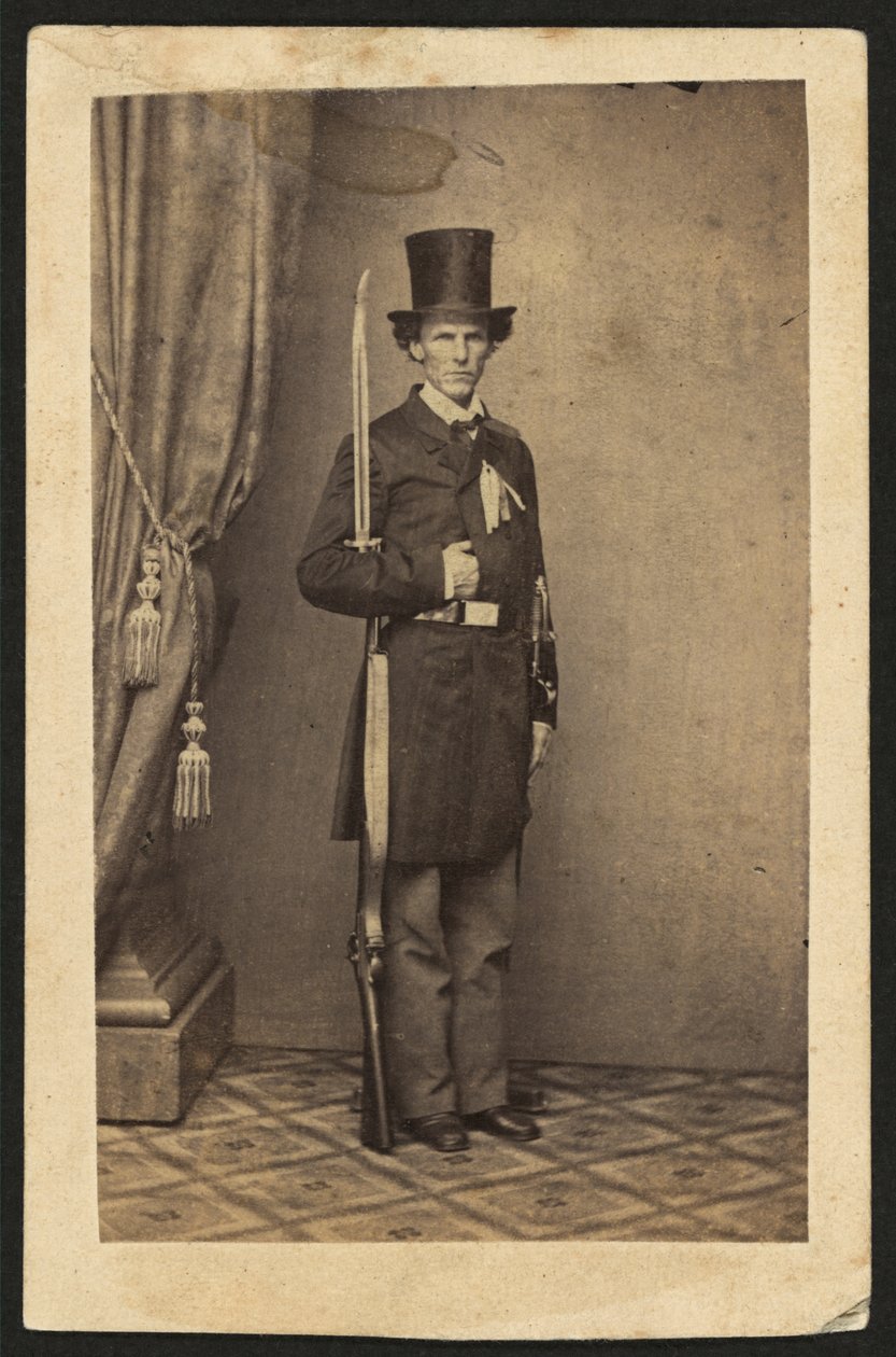 James Henry Lane (1814-1866), politik a vůdce Free State Party of Kansas, celovečerní portrét, se zbraní (sépiová fotografie) od Mathew B. Brady