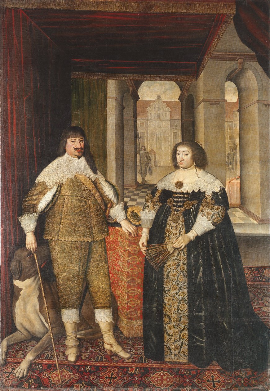 Portrét George Williama, kurfiřta Braniborska a jeho choti Elizabeth Charlotte Falcké a mastifa od Mathias Czwiczek