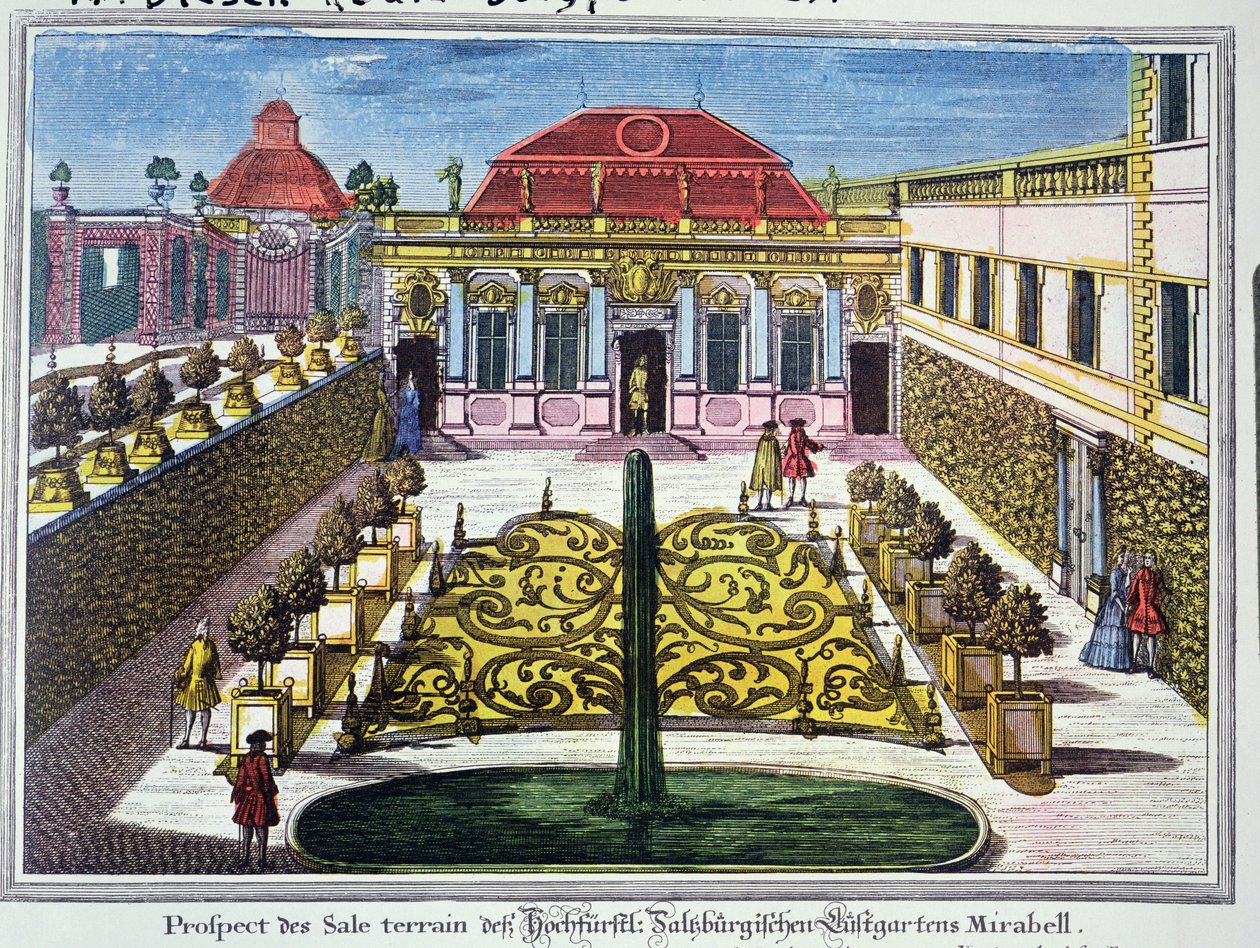 The Gardens of the Mirabelle Park, Salzburg, Austria, rytina Karla Remshardta (1678-1735) c.1720 (barevná rytina) od Mathias Diesel