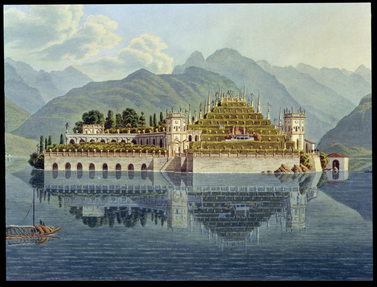 Isola Bella, Lago Maggiore: terasovité zahrady, z „Le Simplon, Voyage Pittoresque de Geneve a Milan“, vydáno 1819 od Mathias Gabriel Lory