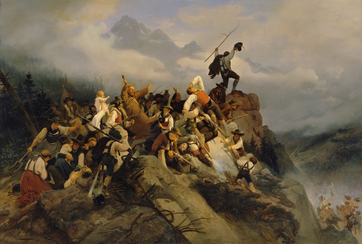 Otec Joachim Haspinger mezi bojujícími farmáři, 1842. od Mathias Artaria