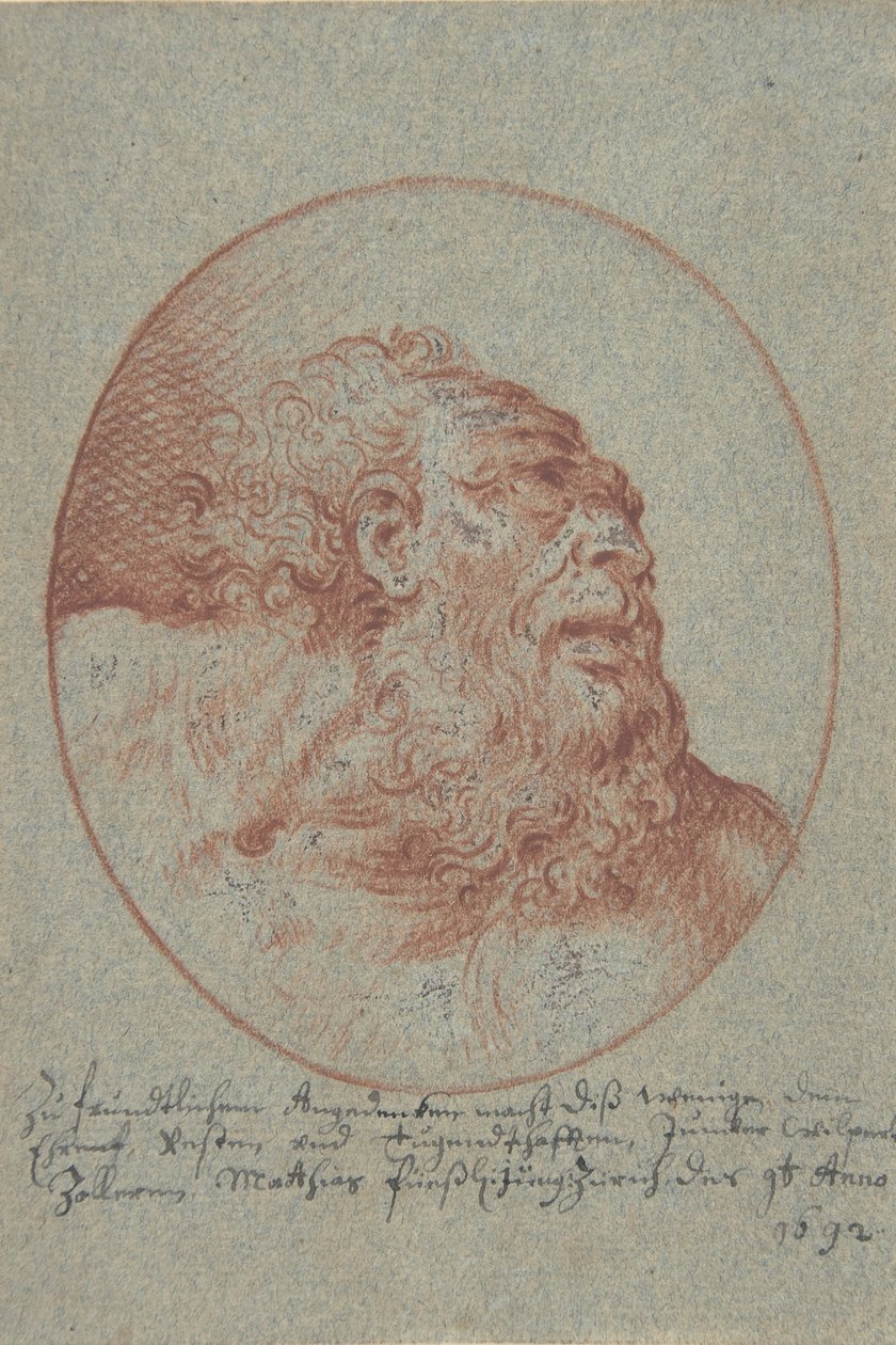 Hlava vousatého muže, který vypadá správně, 1692. od Mathias Fussli