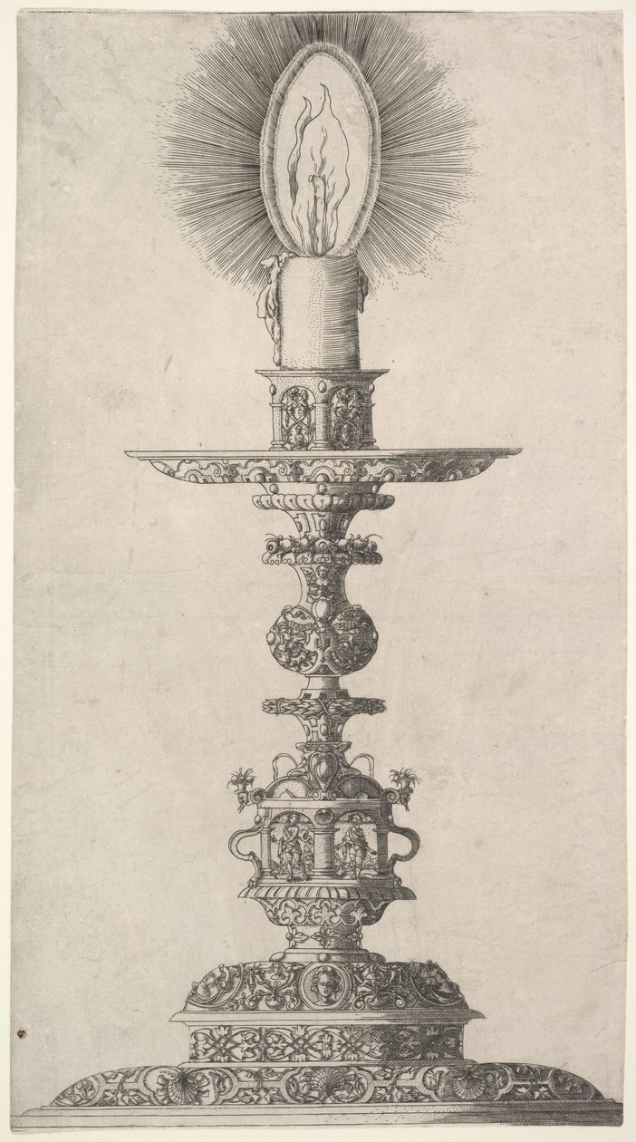 Svícen se zapálenou svíčkou od: Insigne Ac Plane Novum Opus Cratero graphicum, Ein n..., 1551. od Mathias Zundt