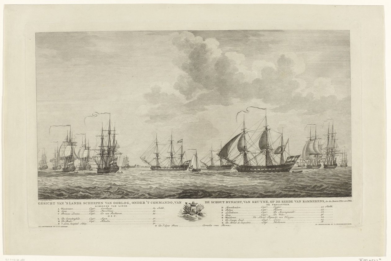 Nizozemská válečná flotila u Rammekens, 1782-1783 Pohled na válečné lodě země pod velením kontradmirála van Kruynea na silnici Rammekens v den Jaare 1782 a 1783 (název na objektu) od Mathias de Sallieth