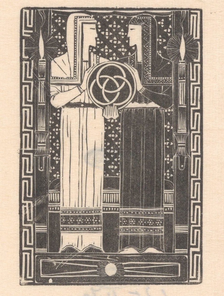 Dvě postavy s kruhem s kroužky The Spirit of the Times (původní název) Dvanáct dřevorytů (název série) od Mathieu Lauweriks