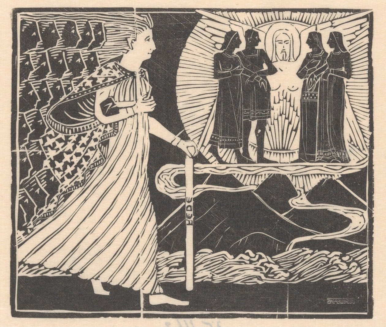 Chodící žena a okřídlená postava od Mathieu Lauweriks