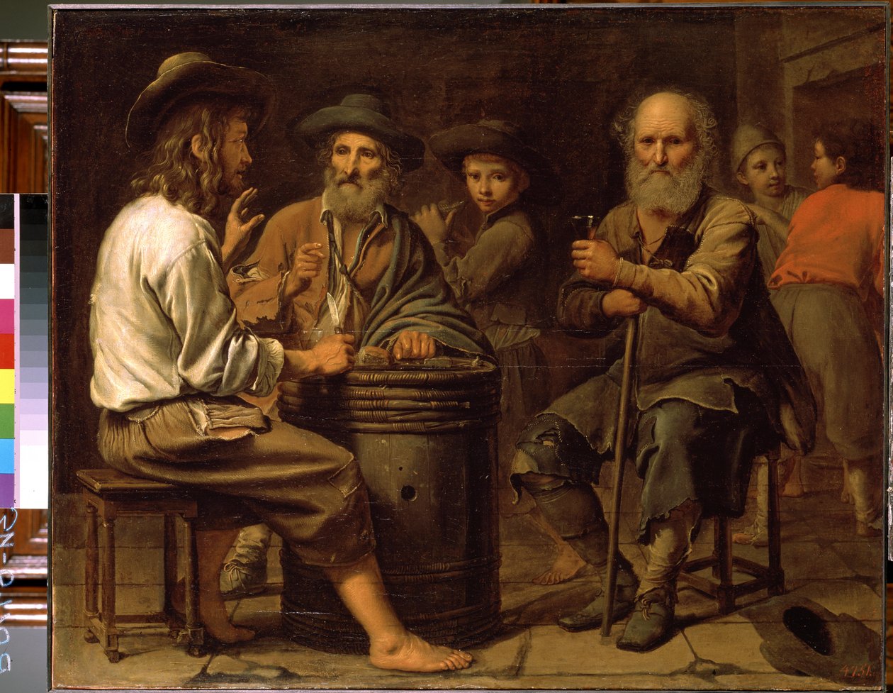 Sedláci v hostinci. (Sedláci v krčmě). Tři muži u stolu pijí víno a jedí sýr podávaný mladým chlapcem na sudu. Obraz Mathieu Le Nain (1607-1677), kolem roku 1640. Olej na plátně. Muzeum Ermitáž, Saint Petersbou od Mathieu Le Nain