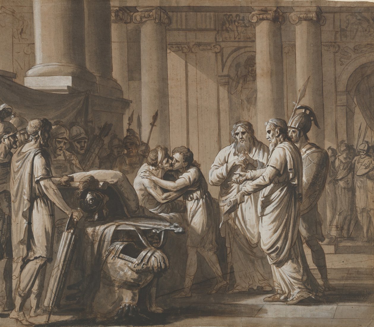 Scéna z římské historie, zobrazující mladíka, který dostává brnění od umírajícího..., konec 18.-polovina 19. stol. od Mathieu Van Brée