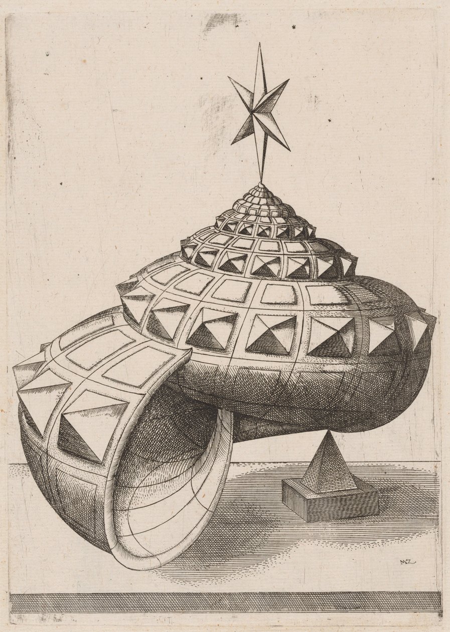 Perspektiva fasetové šnečí ulity vyvážené na pyramidě od Mathis Zündt, after Hans Lencker