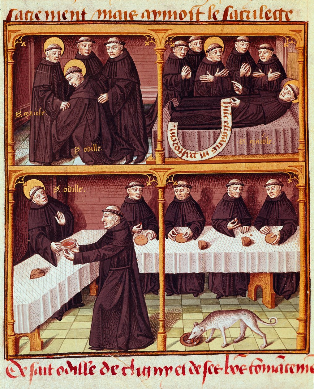Miniatura Refectoire de monines z rukopisu „“ Speculum historiale““ (ms. 1196, fol. 141 v.) Vincenta de Beauvais (1184/94-1264) osvícená mistrem Francoisem (15. století). Chantilly, Conde Museum od Maître François