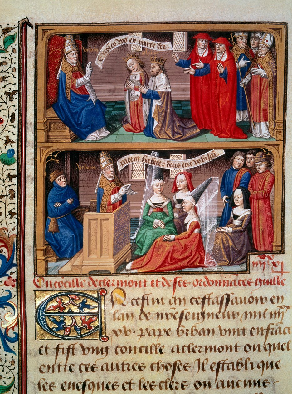 Zastoupení koncilu v Clermontu v roce 1095, kterému předsedal papež Urbain II. (1042-1099) hlásající první křížovou výpravu. Miniatura převzatá z rukopisu „Speculum historiale“ (Le Mirror historial) od Vincenta de Beauvais (1184/94-1264) osvíceného od Maître François