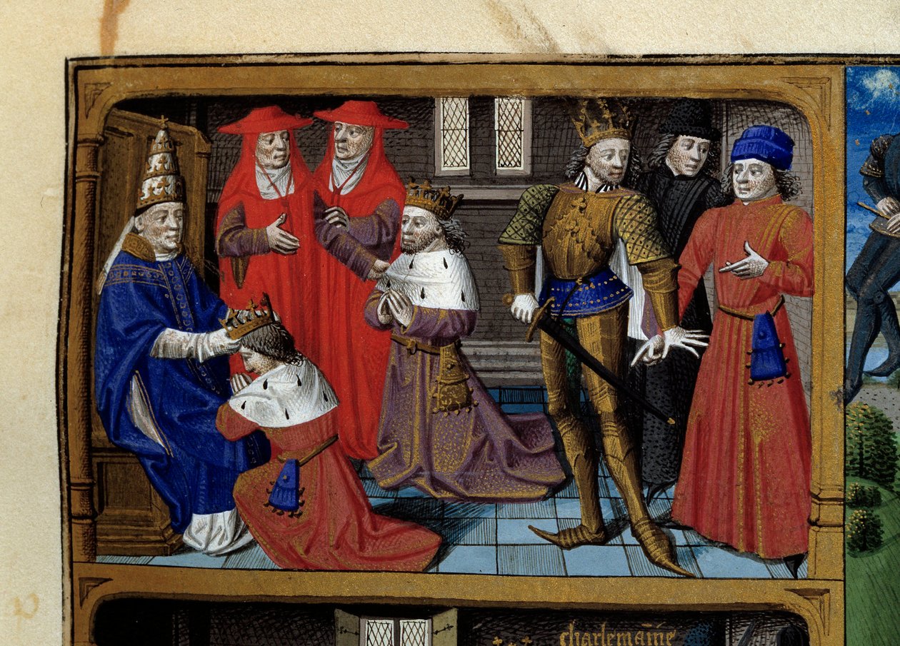 Scény ze života Karla Velikého (742-814) krále franků: korunovace papežem Leonem III. Miniatura převzatá z rukopisu „Speculum historiale“ (Le Mirror historial) od Vincenta de Beauvais (1184/94-1264) osvícená mistrem Francoisem (15. od Maître François