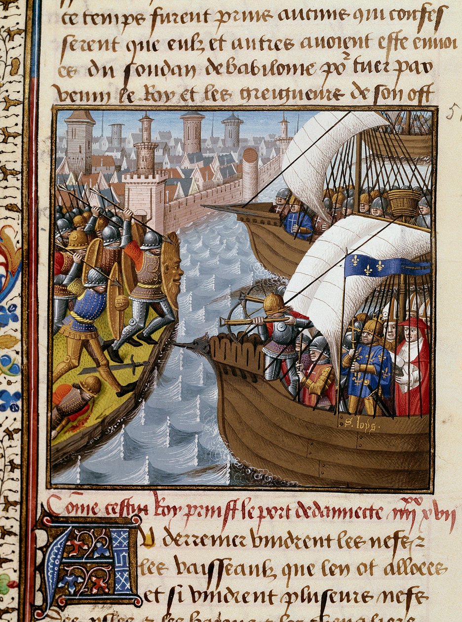 Sedmá křížová výprava: Král Saint Louis (1214-1270) a přechody obléhající Damiettu v červnu 1249 v Dolním Egyptě. Miniatura převzatá z rukopisu „Speculum historiale“ (Le Mirror historial) od Vincenta de Beauvais (1184/94-1264) osvícená Mistrem od Maître François