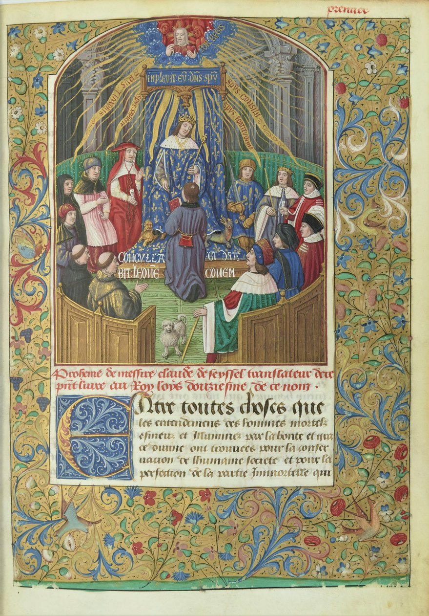 Xenofónova Anabáze v překladu Clauda de Seyssel: scéna věnování, rukopis je darem překladatele Ludvíku XII. od Maitre de Philippe de Gueldre