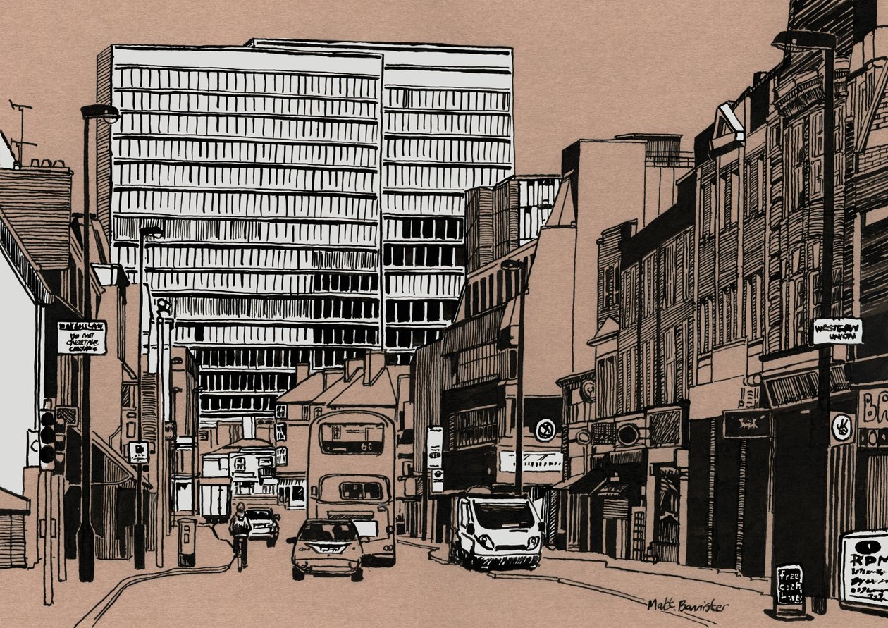 South End - Croydon, 2016 (akrylová tuš na desce) od Matt Bannister